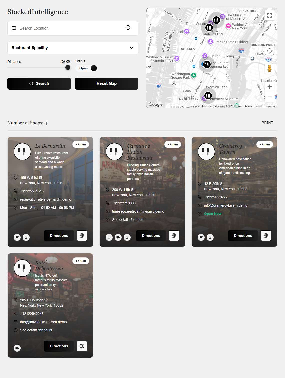 Classic Finder demo template - search panel, map and store cards layout