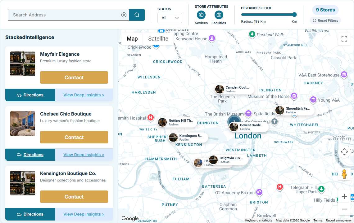 Sidebar Explorer demo template - store list sidebar beside a full-height map