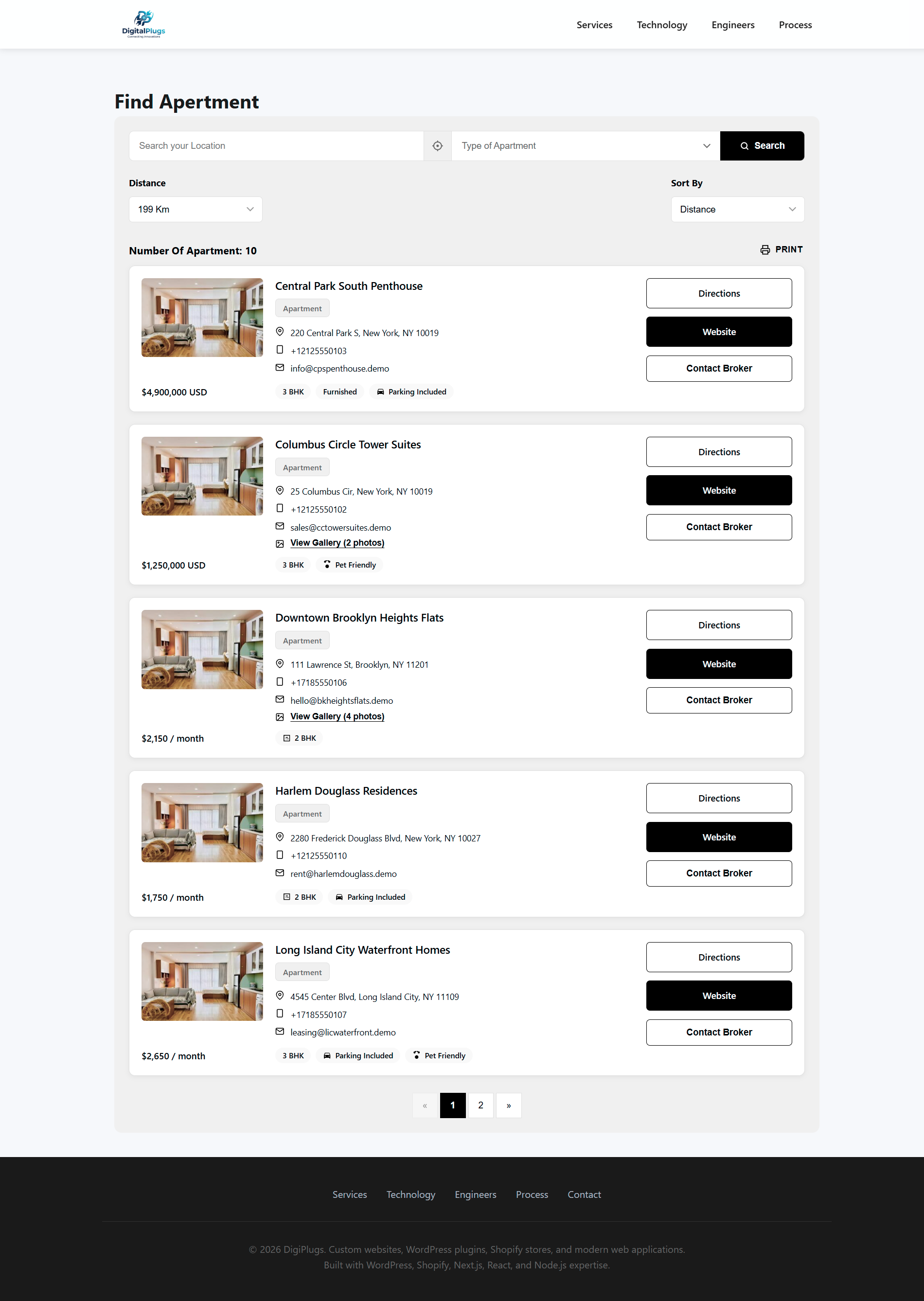 Listing Directory demo template - map-free monochrome list of apartment listings with search and filters