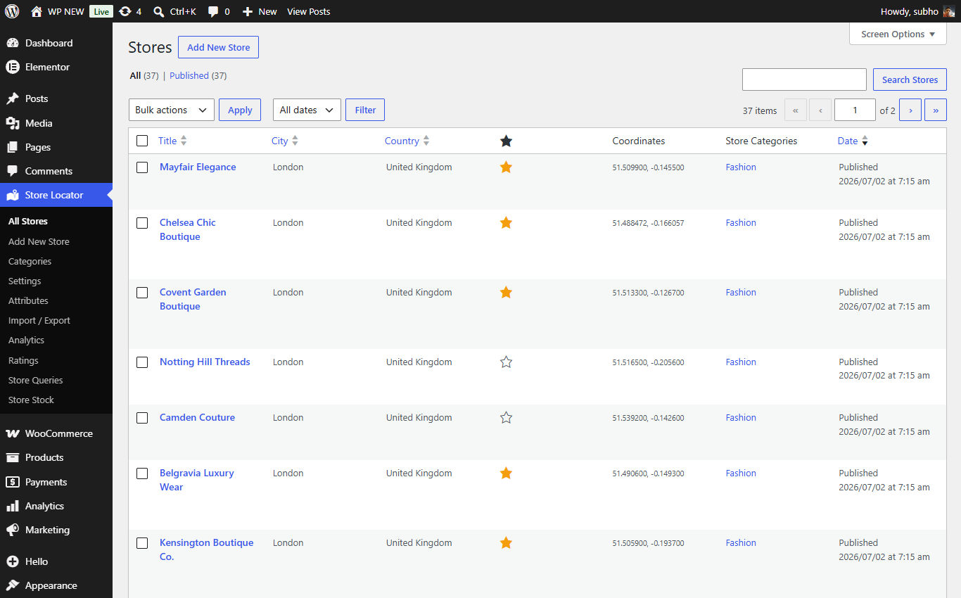 All Stores list