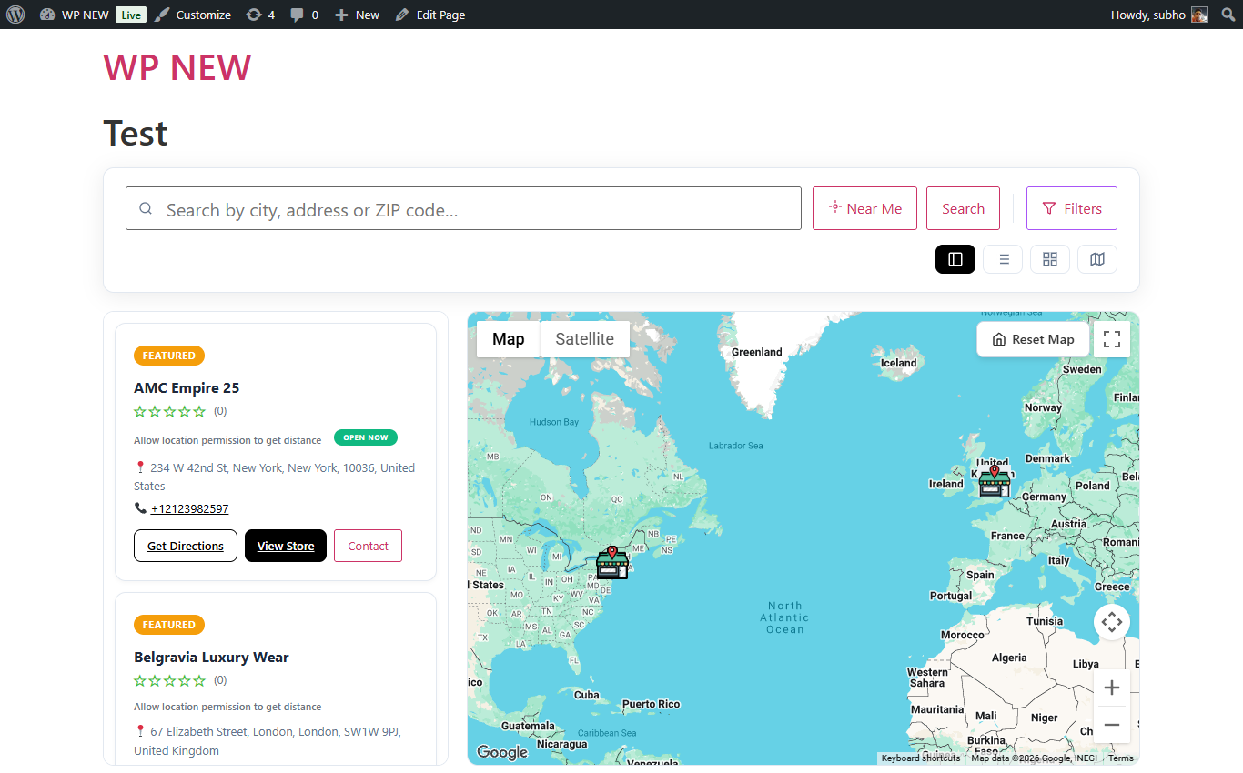 Store locator on the website