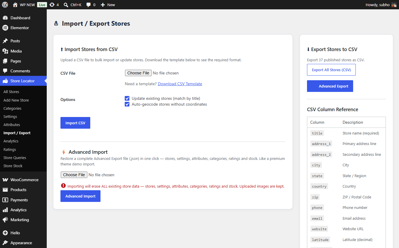 Import Export page